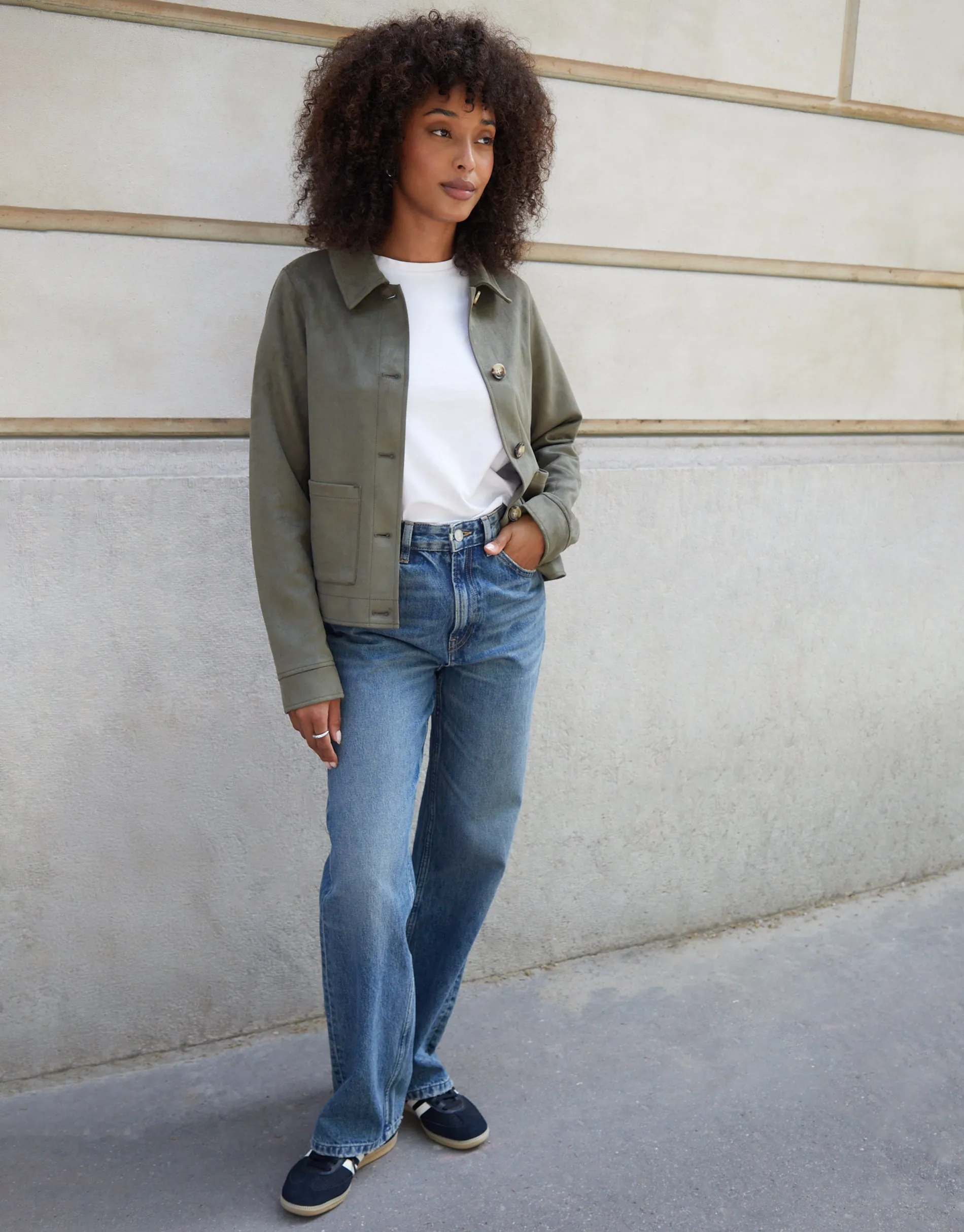 Olive Green Cropped Button Up Suedette Shacket sold by Threadbare product image thumbnail 3