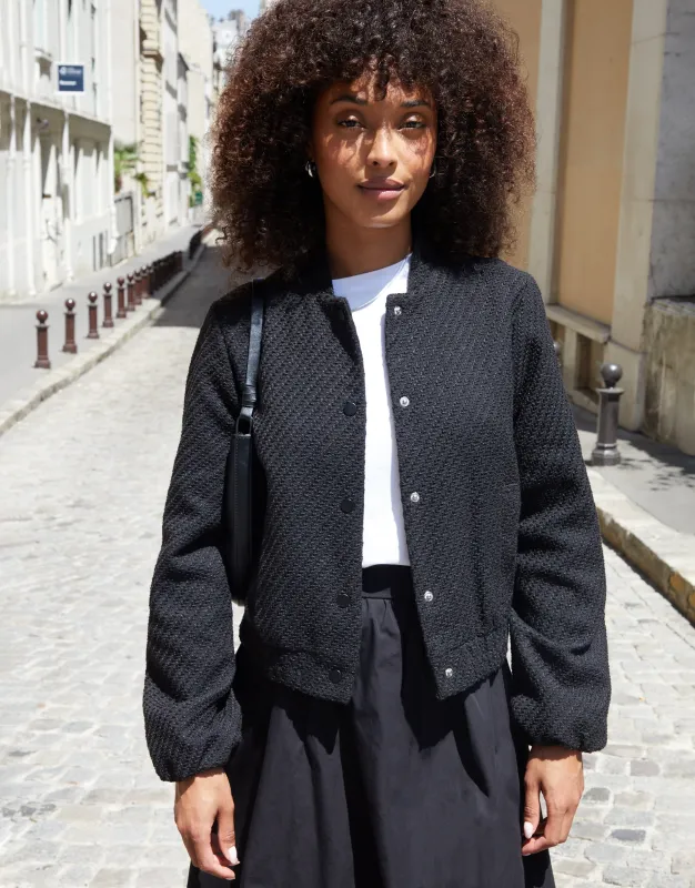 Black Bouclé Bomber Jacket sold by Threadbare