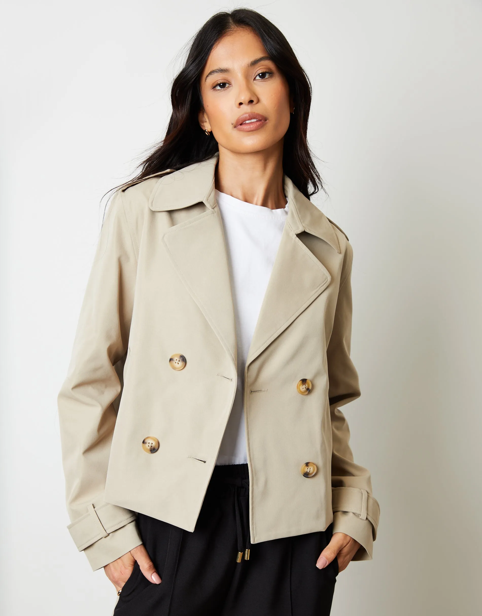 Stone Double Breasted Cropped Trench Coat sold by Threadbare