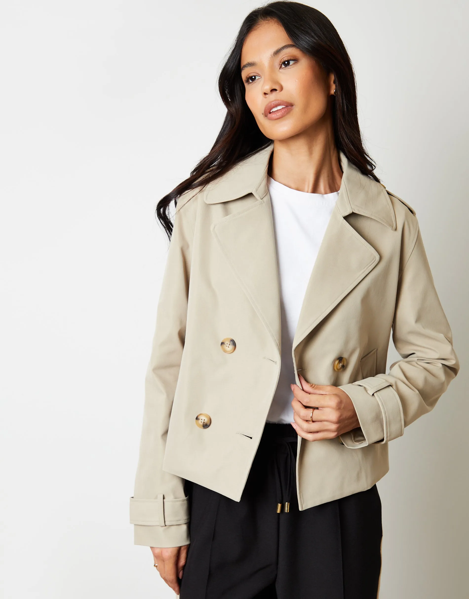 Stone Double Breasted Cropped Trench Coat sold by Threadbare product image thumbnail 3