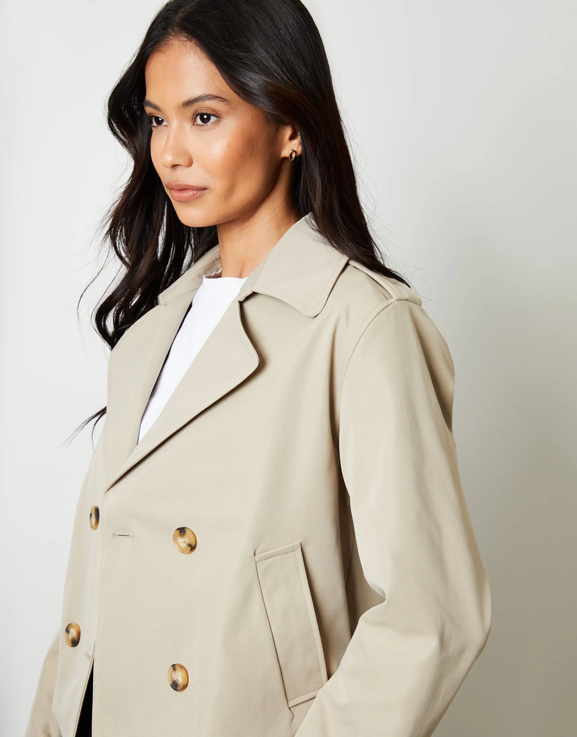 Stone Double Breasted Cropped Trench Coat sold by Threadbare product image thumbnail 4