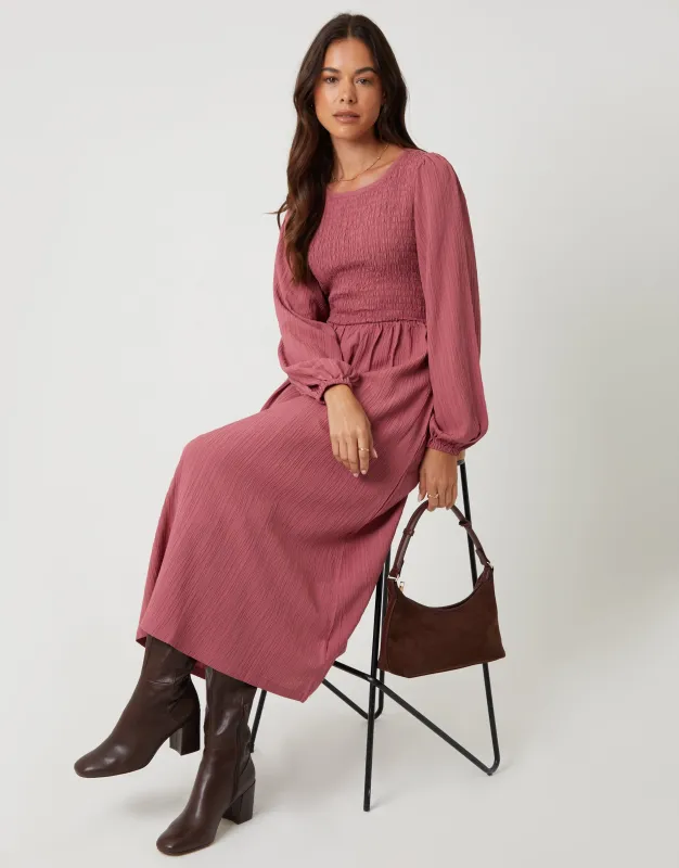 Pink Textured Shirred Balloon Sleeve Midi Dress sold by Threadbare