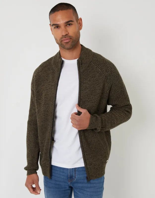 Khaki Green Full-Zip Cardigan sold by Threadbare