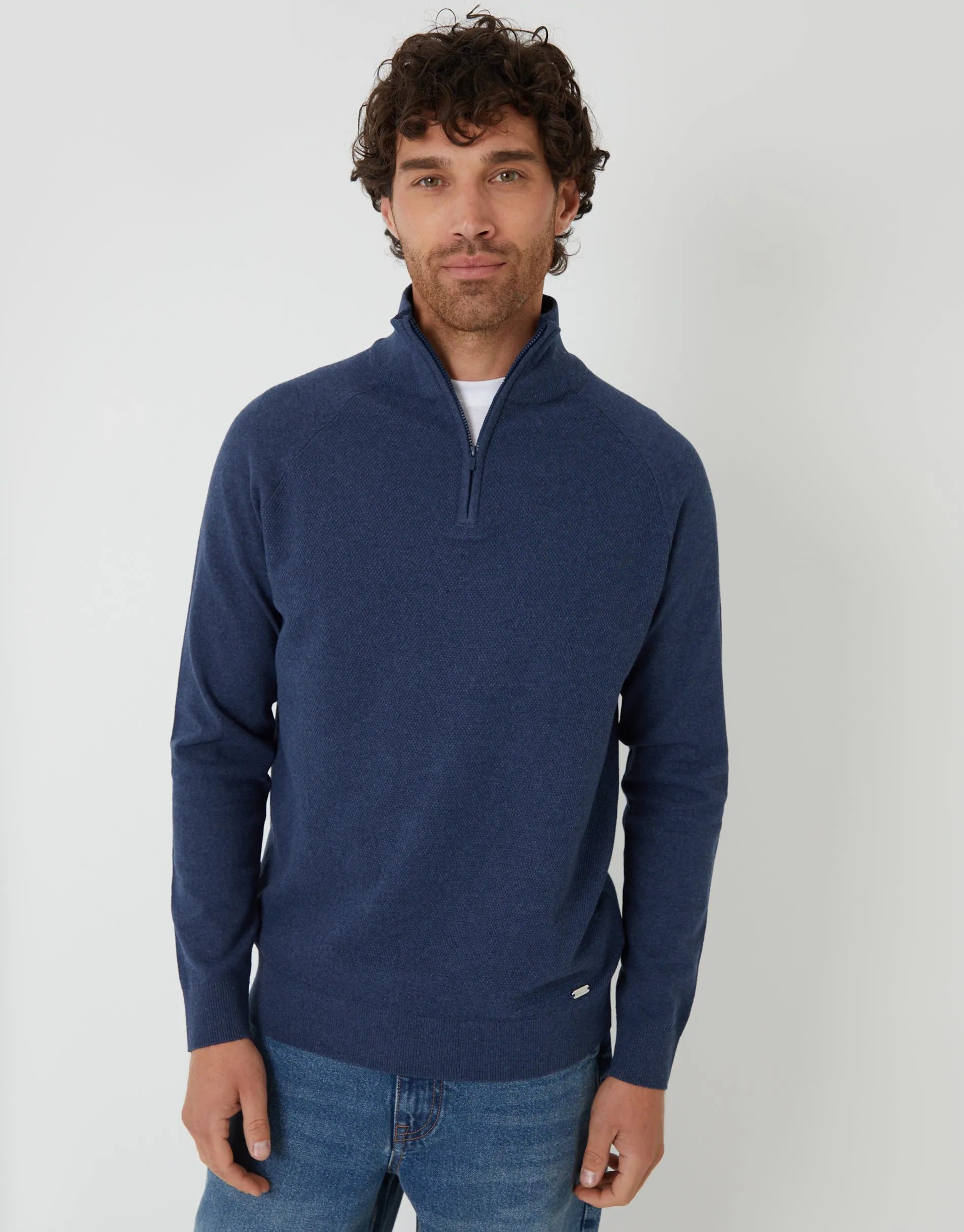Denim Blue Raglan Knitted Quarter Zip Jumper sold by Threadbare
