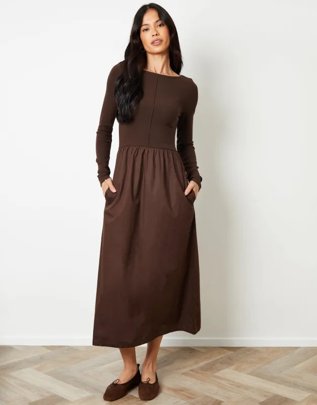 Chocolate Brown 2-in-1 Jersey Poplin Mix Slash Neck Long Sleeve Dress sold by Threadbare