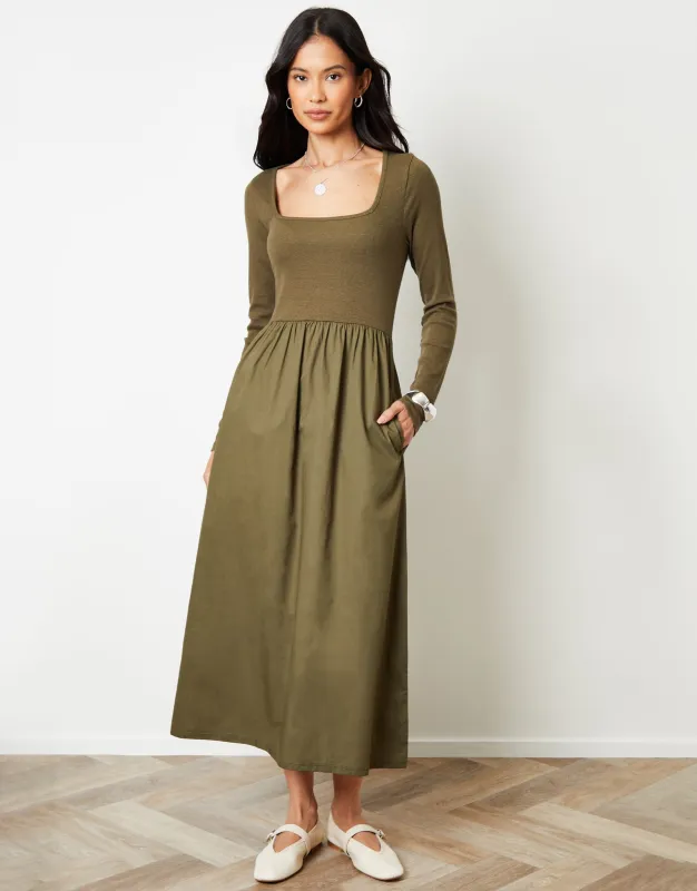 Khaki Green 2-in-1 Jersey Poplin Mix Square Neck Long Sleeve Dress sold by Threadbare