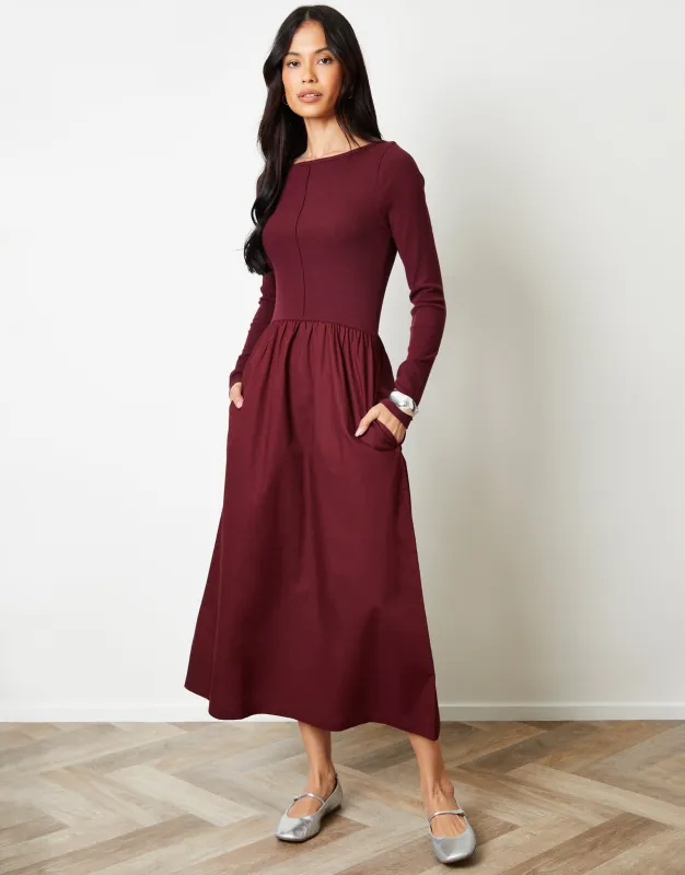 Berry Red 2-in-1 Jersey Poplin Mix Slash Neck Long Sleeve Dress sold by Threadbare