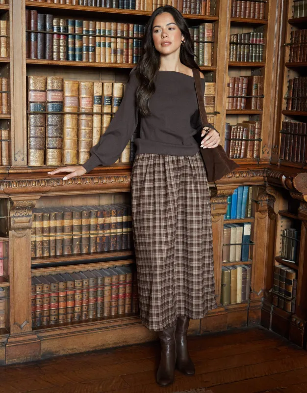 Chocolate Brown Check Pull On Midaxi Skirt sold by Threadbare