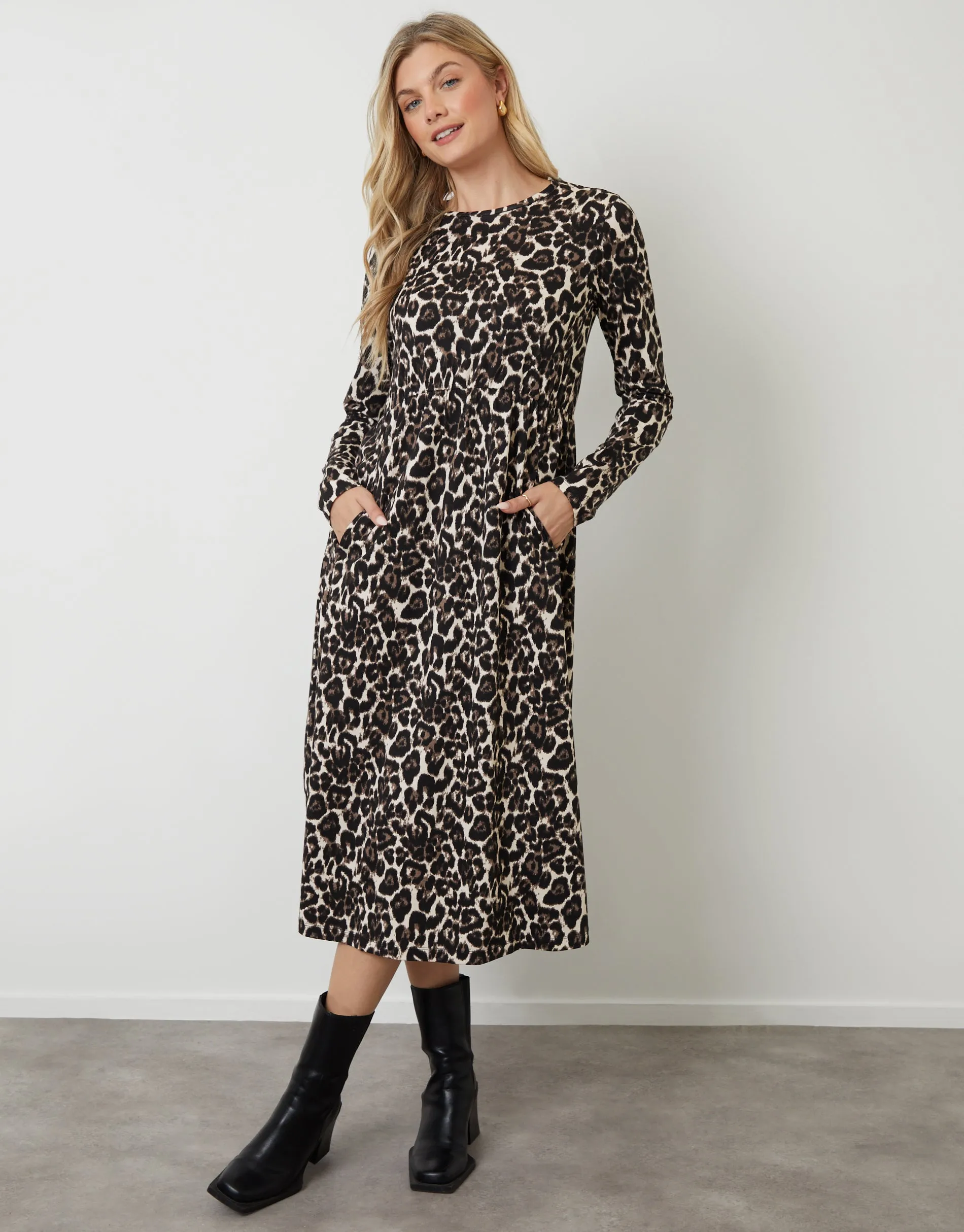 Leopard Print Long Sleeve Jersey Midi Dress sold by Threadbare