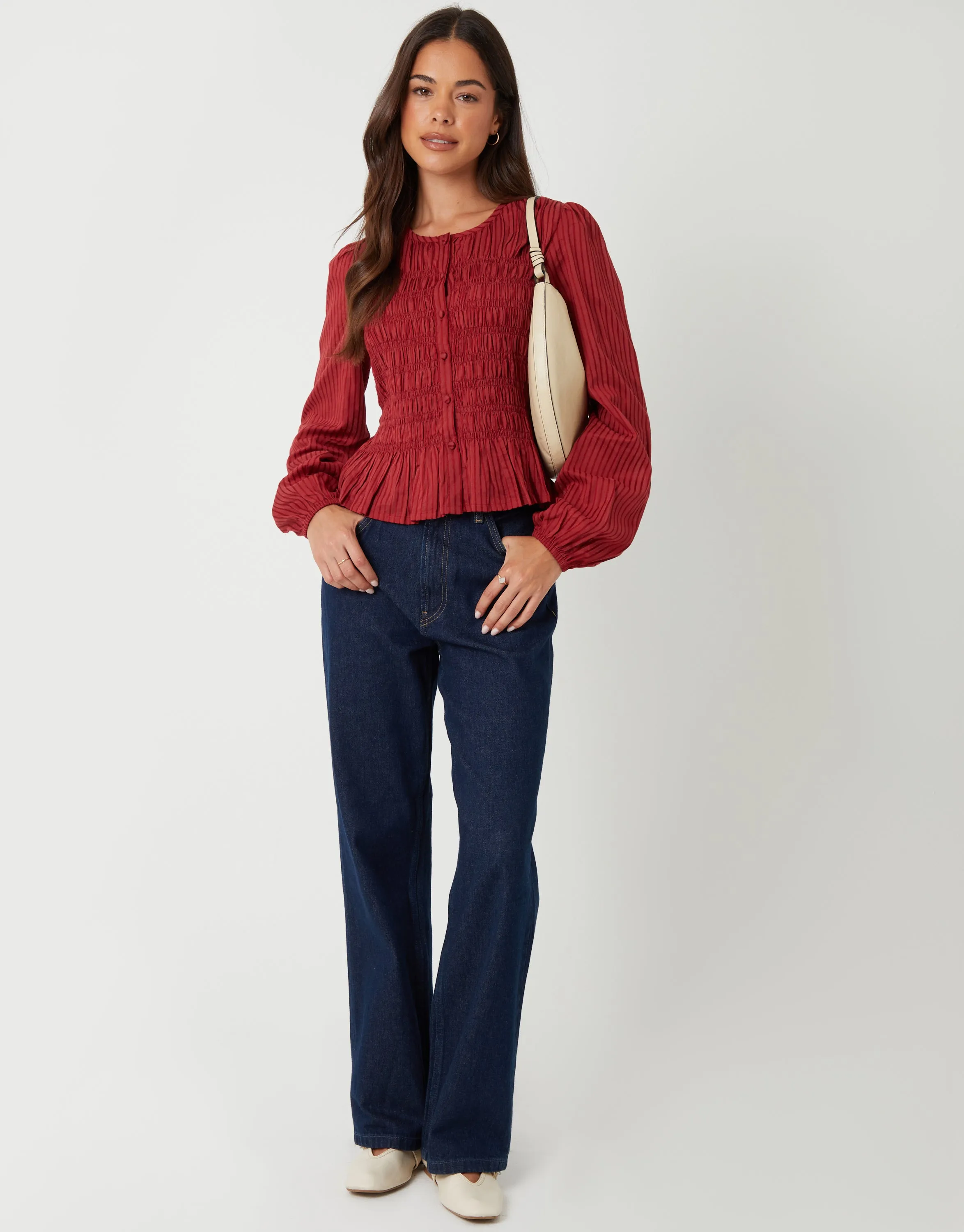 Rust Shirred Dobby Stripe Button Up Blouse sold by Threadbare product image thumbnail 3