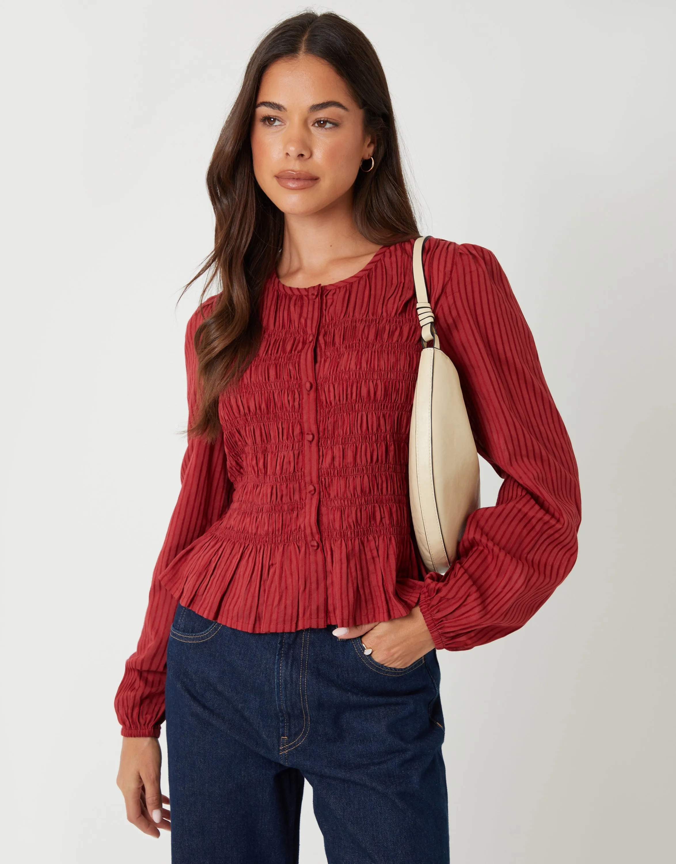 Rust Shirred Dobby Stripe Button Up Blouse sold by Threadbare product image thumbnail 5