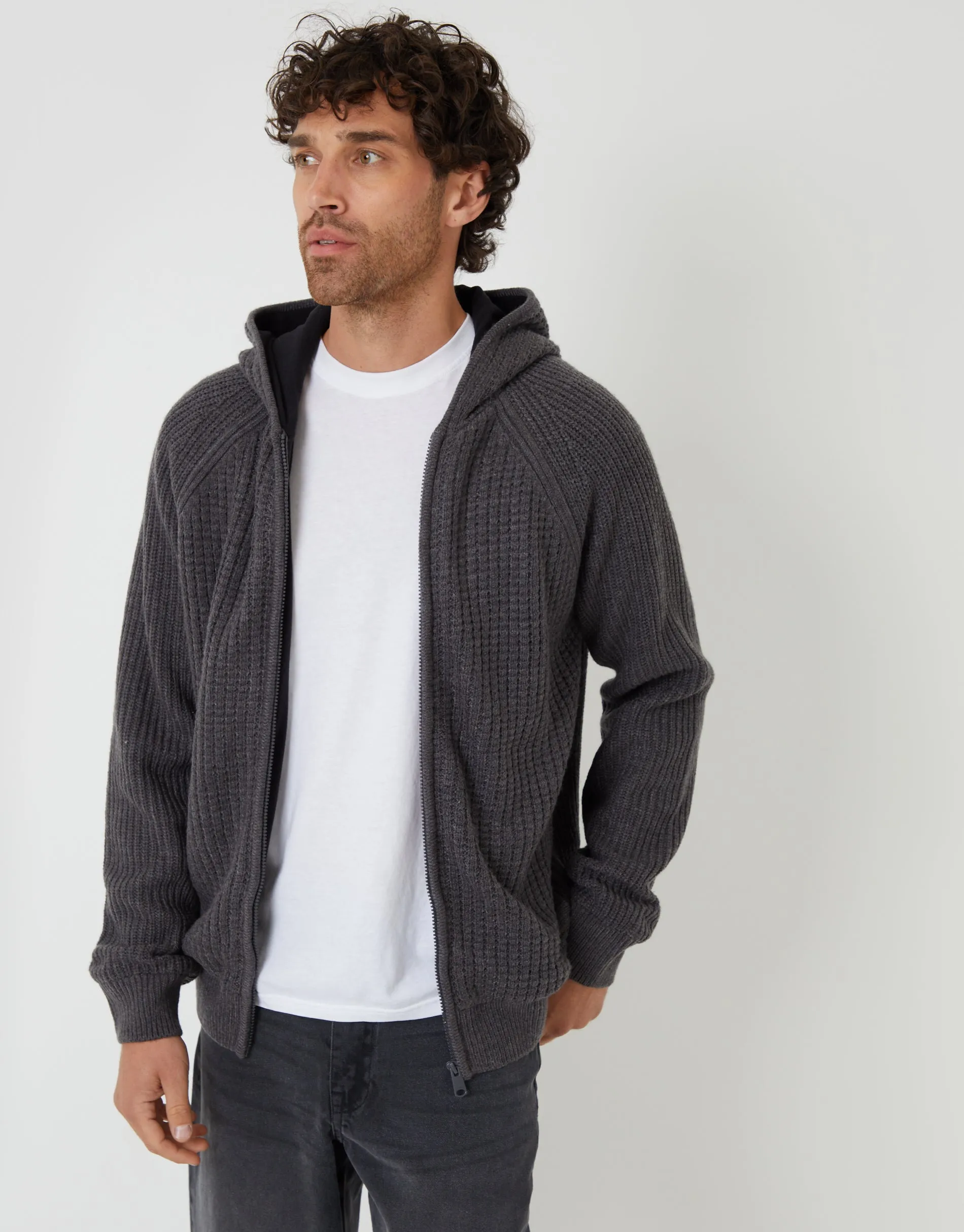 Charcoal Grey Marl Zip Up Knitted Microfleece Lined Hoodie sold by Threadbare