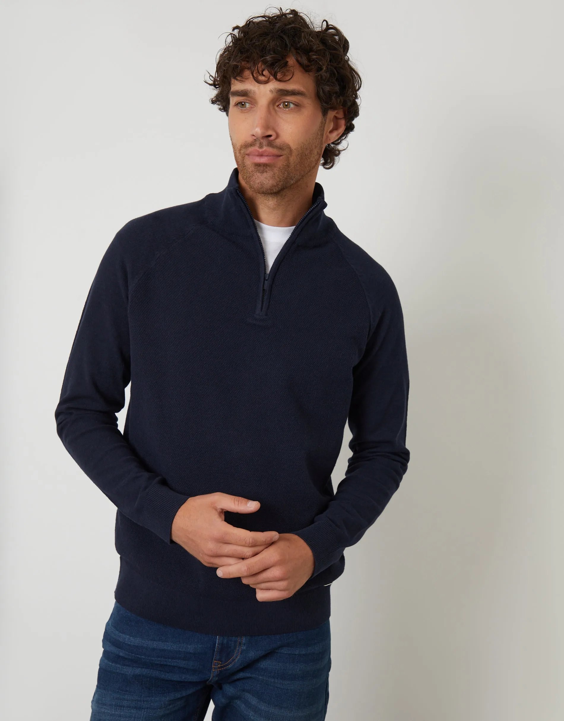 Navy Raglan Knitted Quarter Zip Jumper sold by Threadbare