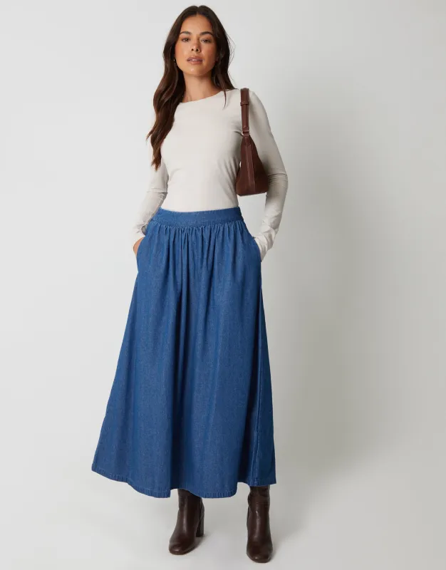Mid Wash Pull On Denim Midaxi Skirt sold by Threadbare