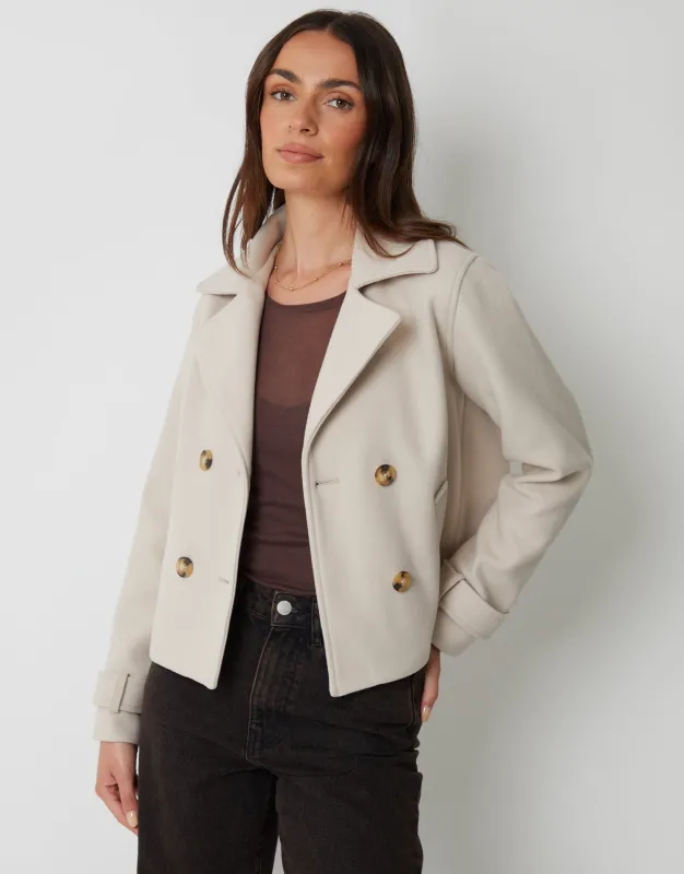 Cream Faux Wool Cropped Trench Coat sold by Threadbare
