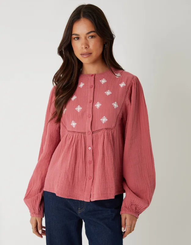 Pink Crinkle Texture Cotton Embroidered Button Up Blouse sold by Threadbare
