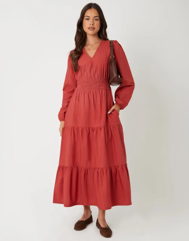 Rust Orange Shirred Waist Long Sleeve Poplin Midaxi Dress sold by Threadbare