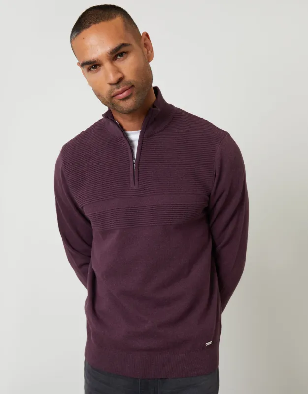 Burgundy Rib Detail Knitted Quarter Zip Jumper sold by Threadbare