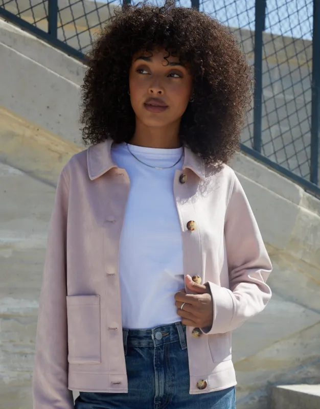 Pink Cropped Button Up Suedette Shacket sold by Threadbare