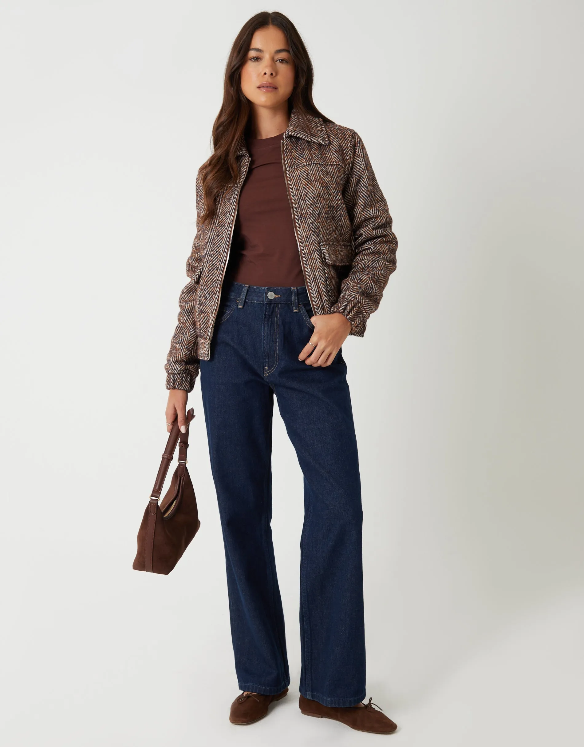 Brown Herringbone Check Faux Wool Jacket sold by Threadbare product image thumbnail 3