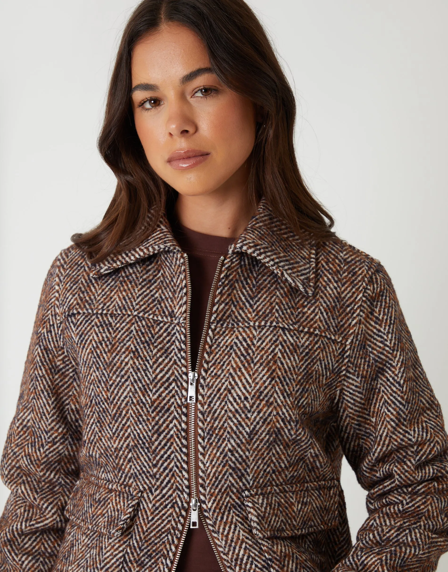 Brown Herringbone Check Faux Wool Jacket sold by Threadbare product image thumbnail 4
