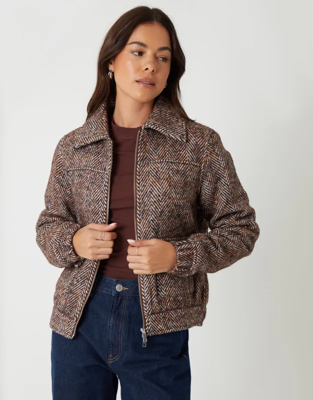Brown Herringbone Check Faux Wool Jacket sold by Threadbare