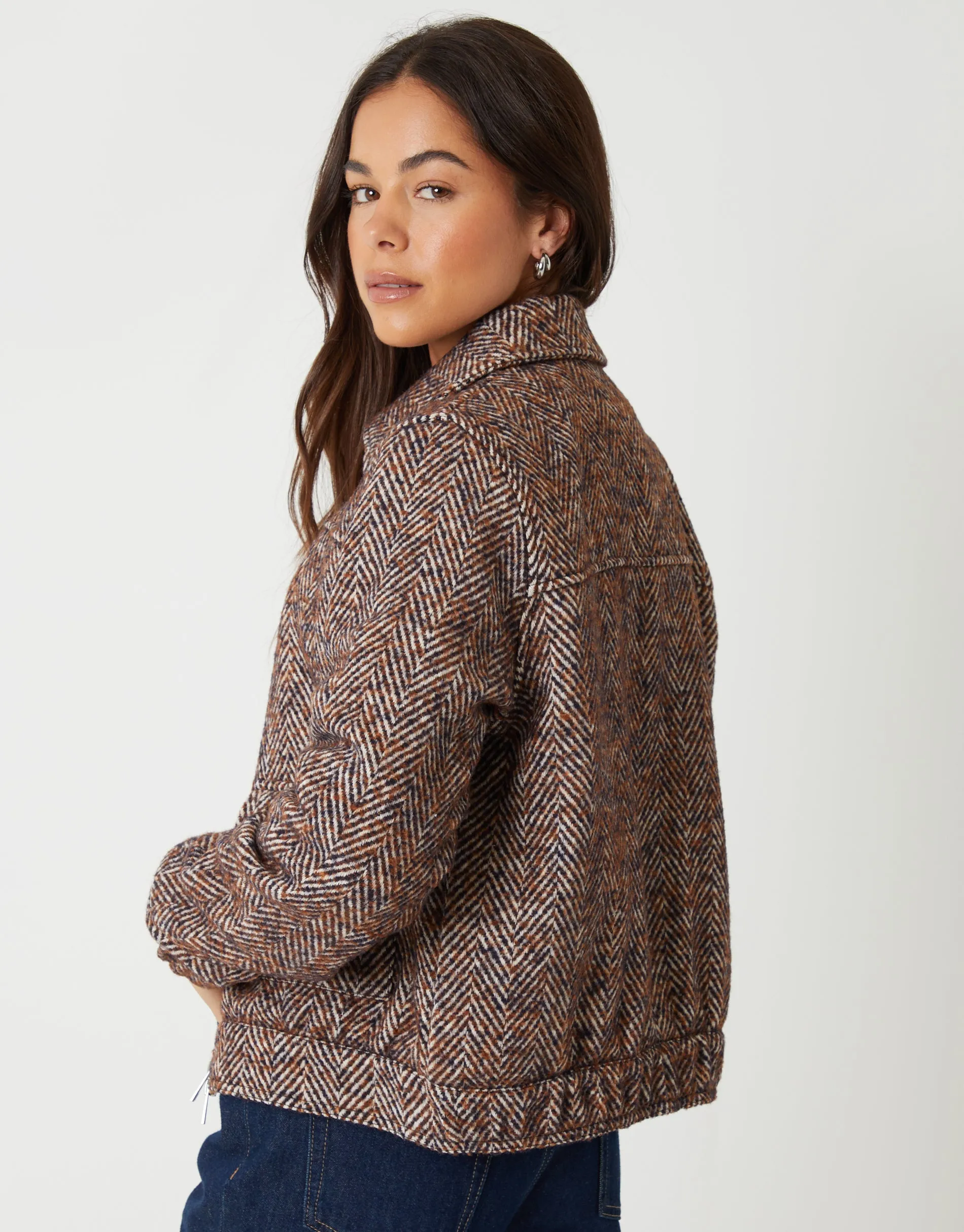 Brown Herringbone Check Faux Wool Jacket sold by Threadbare product image thumbnail 2