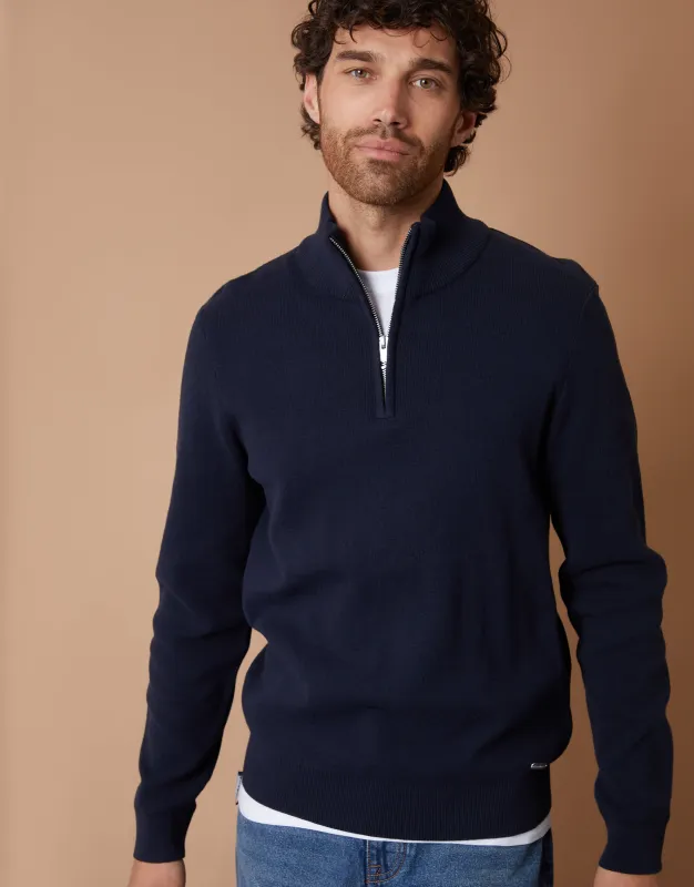 Navy Knitted Quarter Zip Jumper made by Threadbare