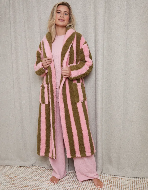 Pink Stripe Borg Dressing Gown sold by Threadbare