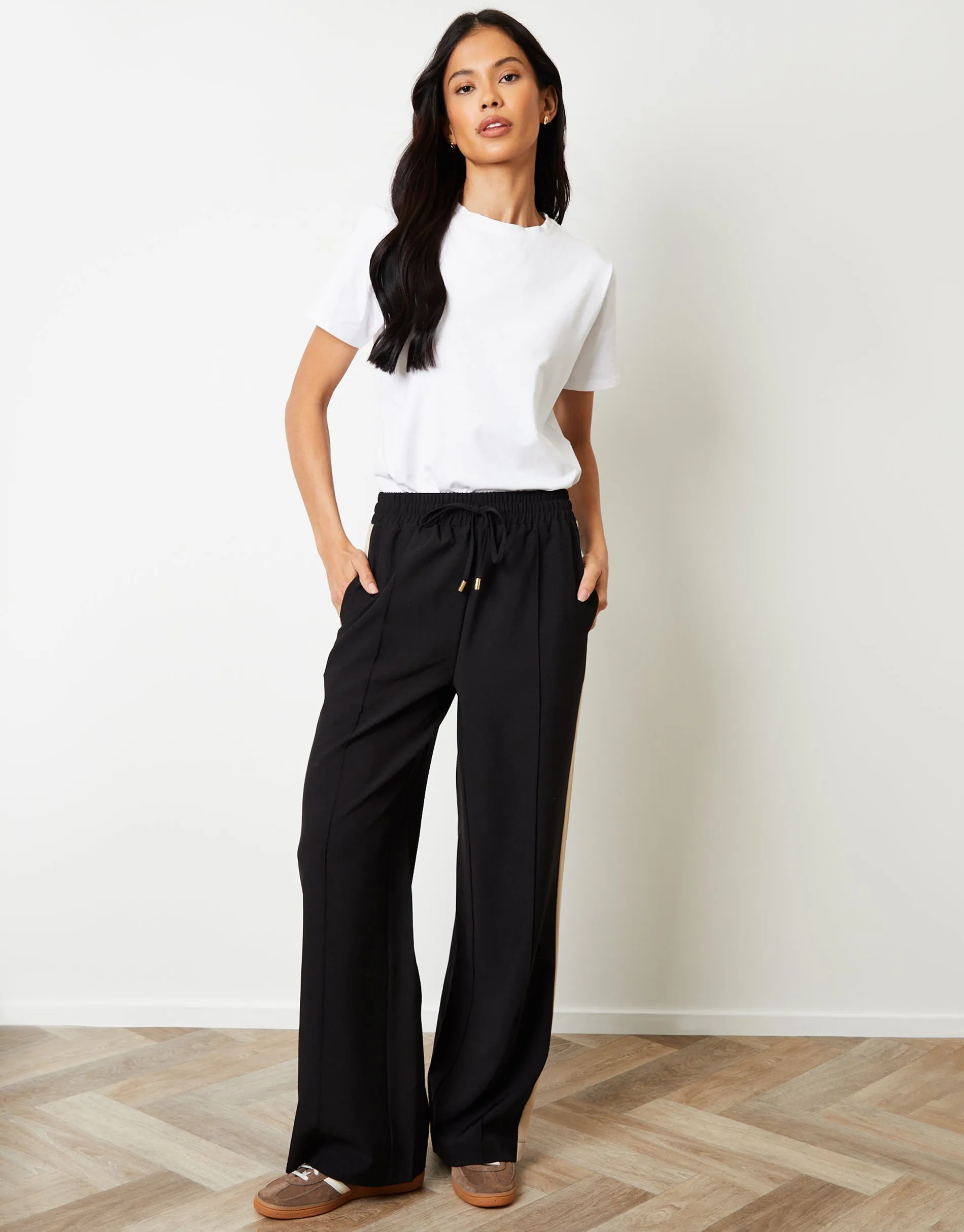 Black Side Stripe Pull On Wide Leg Trousers sold by Threadbare product image thumbnail 2