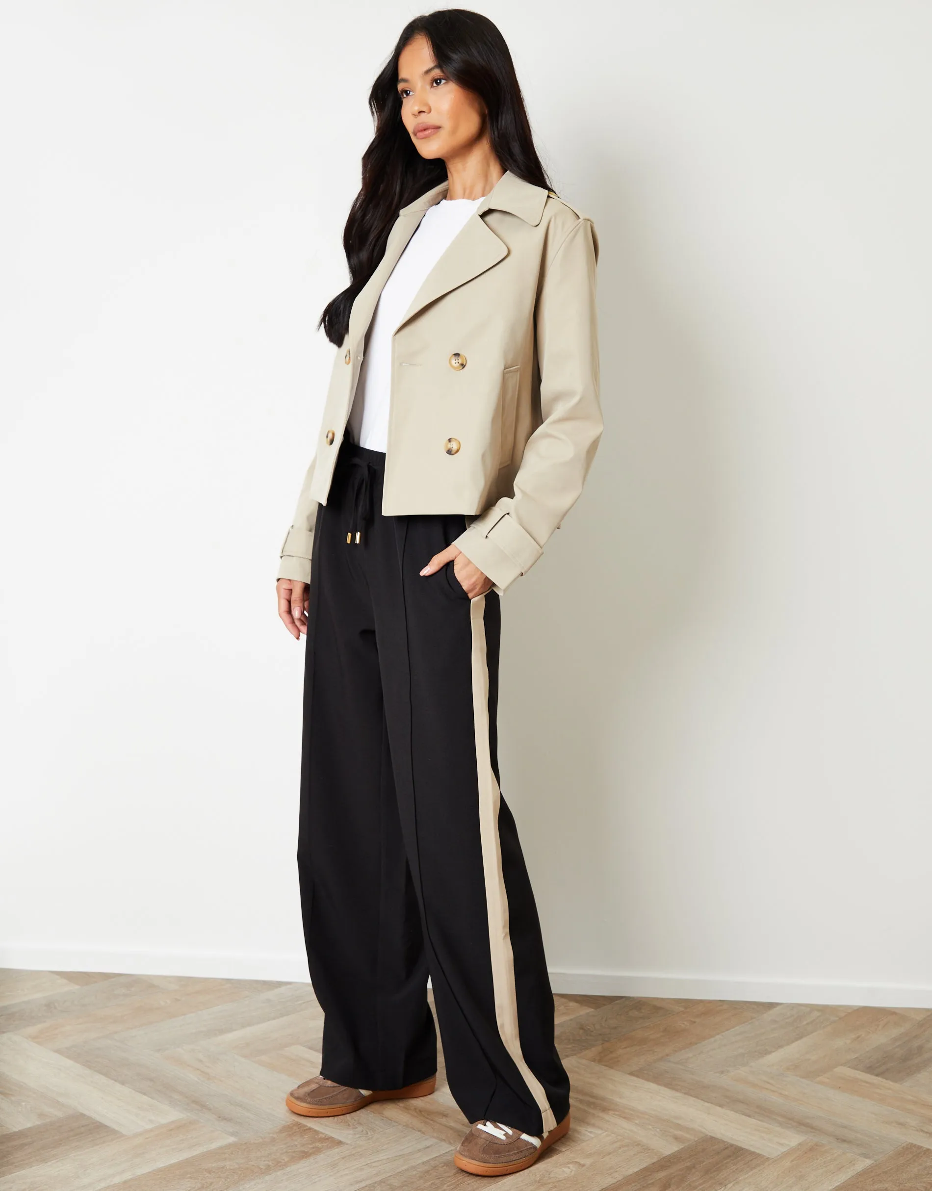 Black Side Stripe Pull On Wide Leg Trousers sold by Threadbare