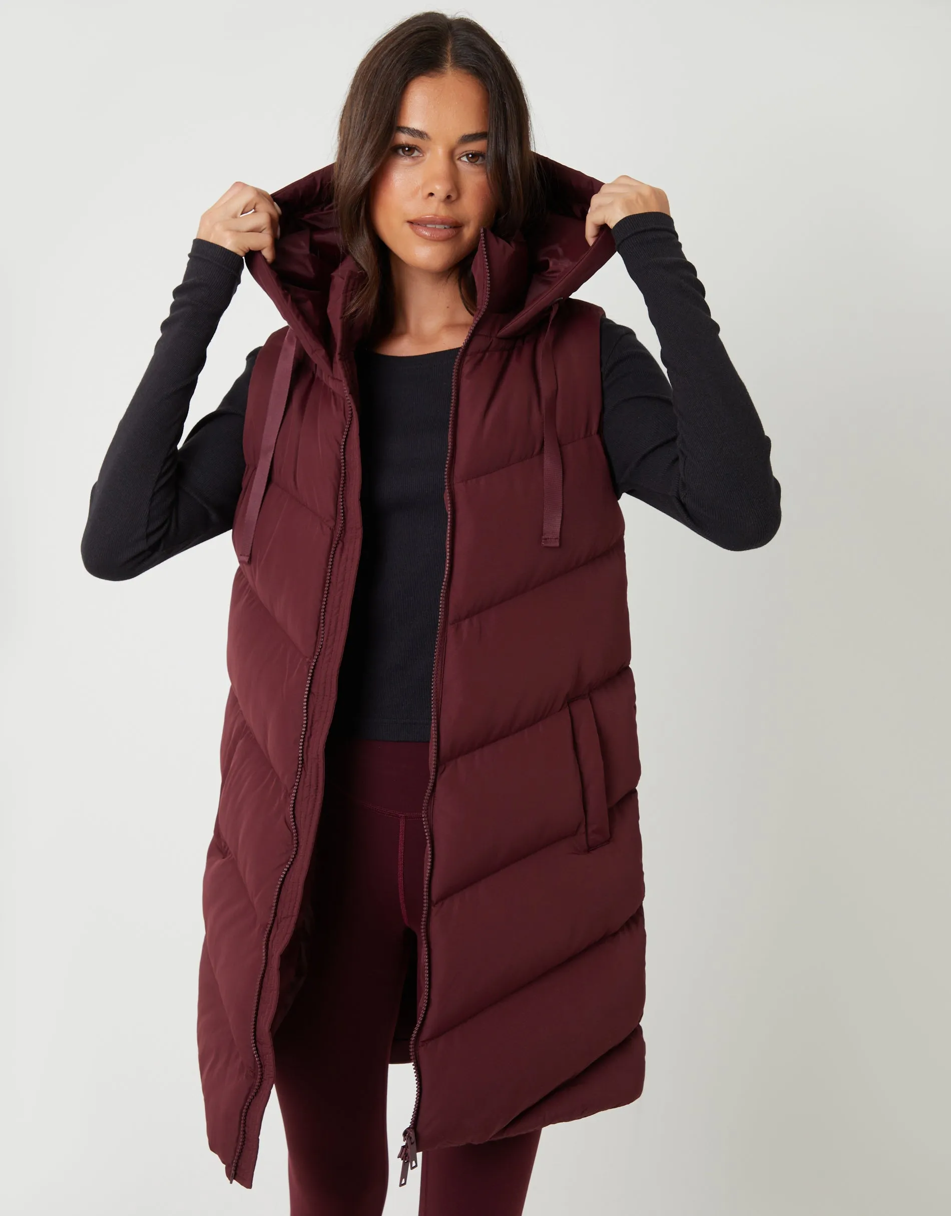 Berry Red Longline Padded Gilet sold by Threadbare