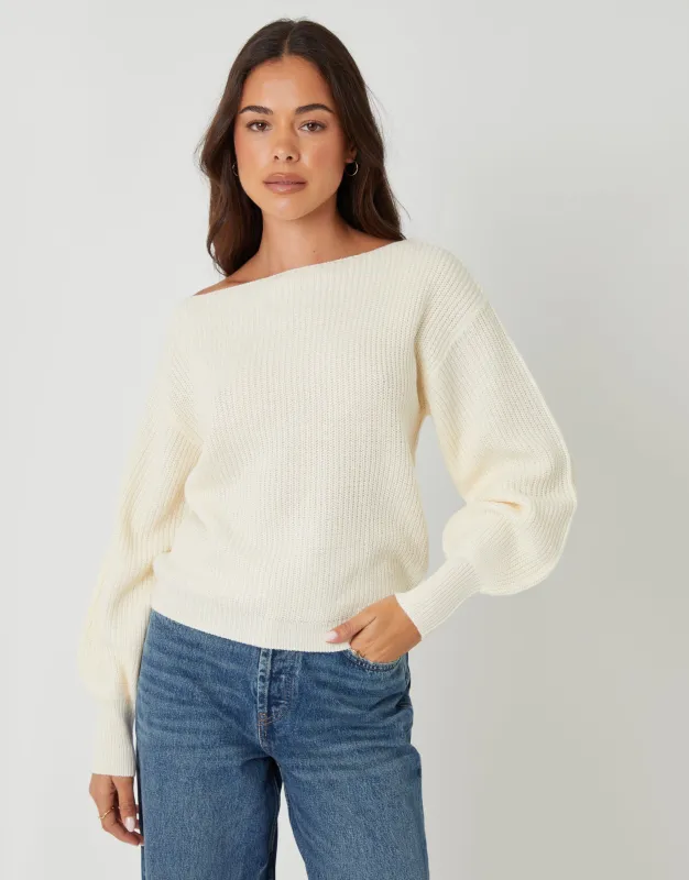 Cream Chunky Knit Slash Neck Jumper sold by Threadbare