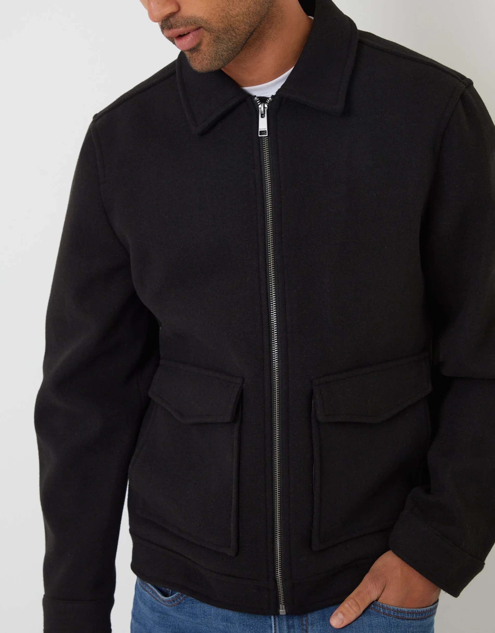 Black Faux Wool Collared Lightweight Utility Jacket sold by Threadbare product image thumbnail 4