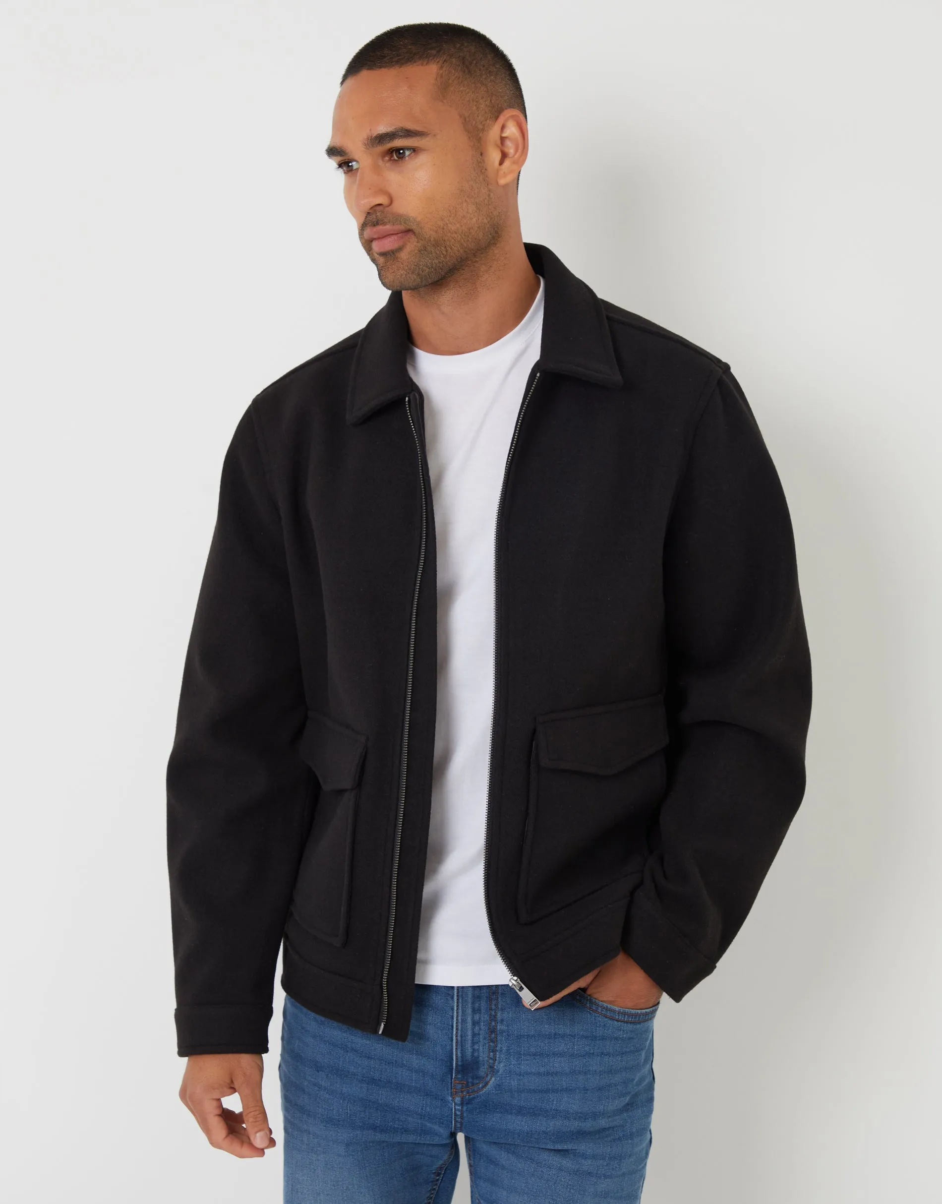 Black Faux Wool Collared Lightweight Utility Jacket sold by Threadbare