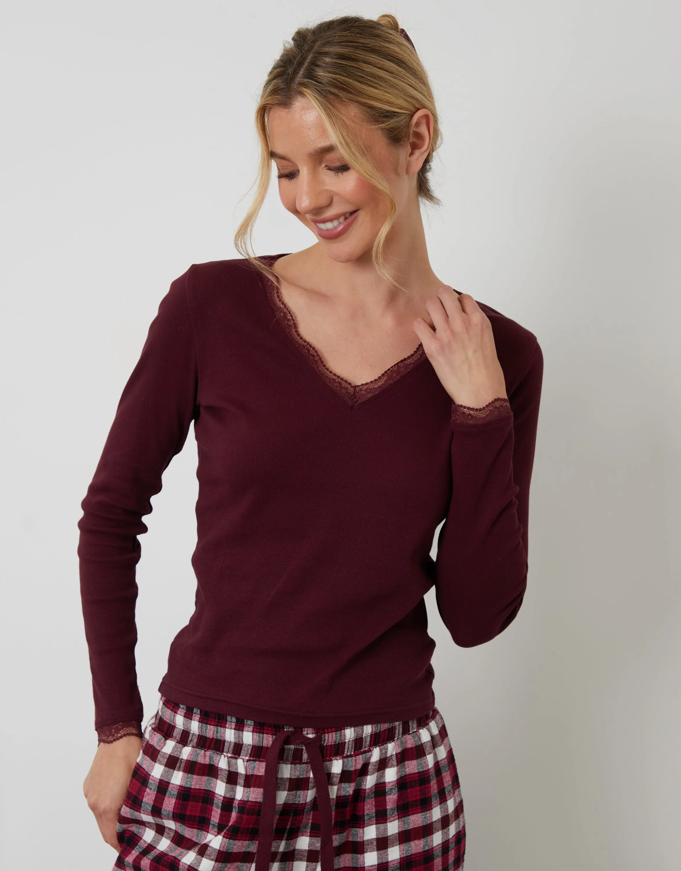 Burgundy Long Sleeve Check Pyjamas (2-Piece Set) sold by Threadbare product image thumbnail 2