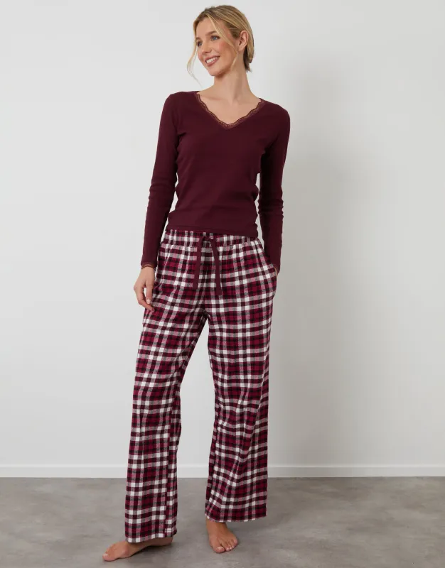 Burgundy Long Sleeve Check Pyjamas (2-Piece Set) sold by Threadbare