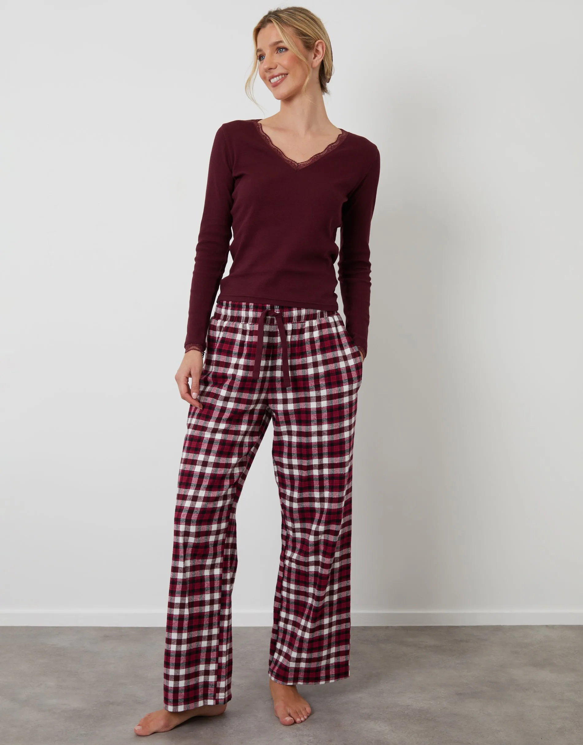 Burgundy Long Sleeve Check Pyjamas (2-Piece Set) sold by Threadbare