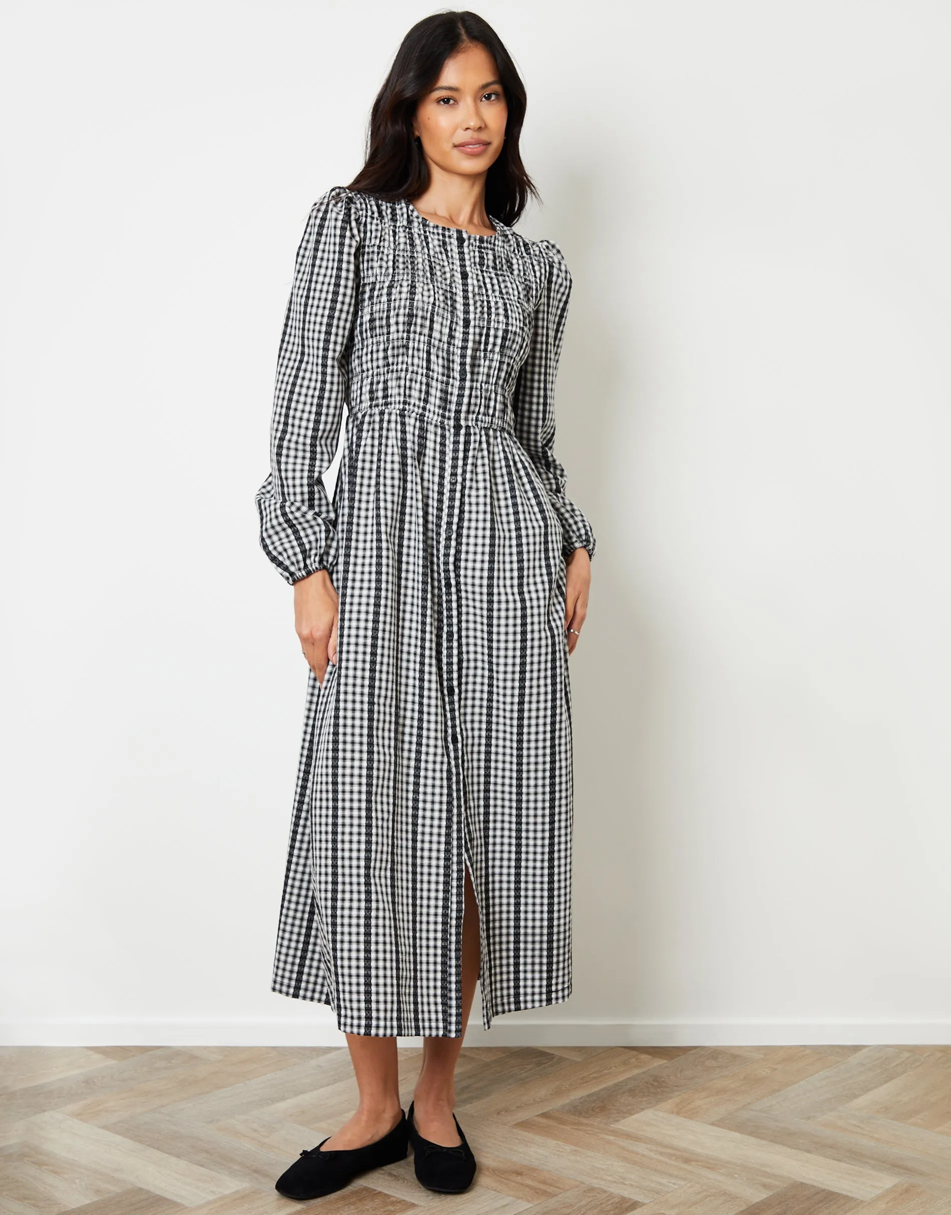 Mono Gingham Check Shirred Detail Midi Dress sold by Threadbare product image thumbnail 3