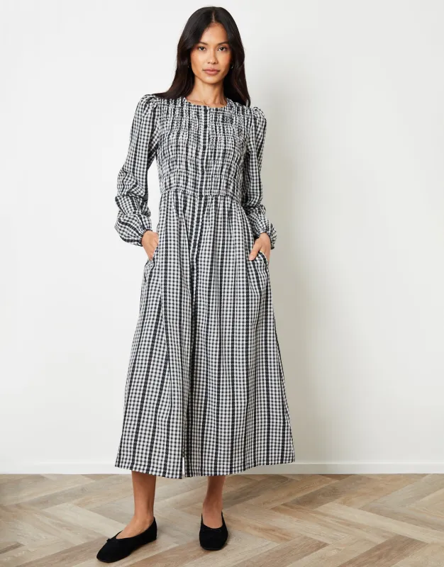 Mono Gingham Check Shirred Detail Midi Dress made by Threadbare