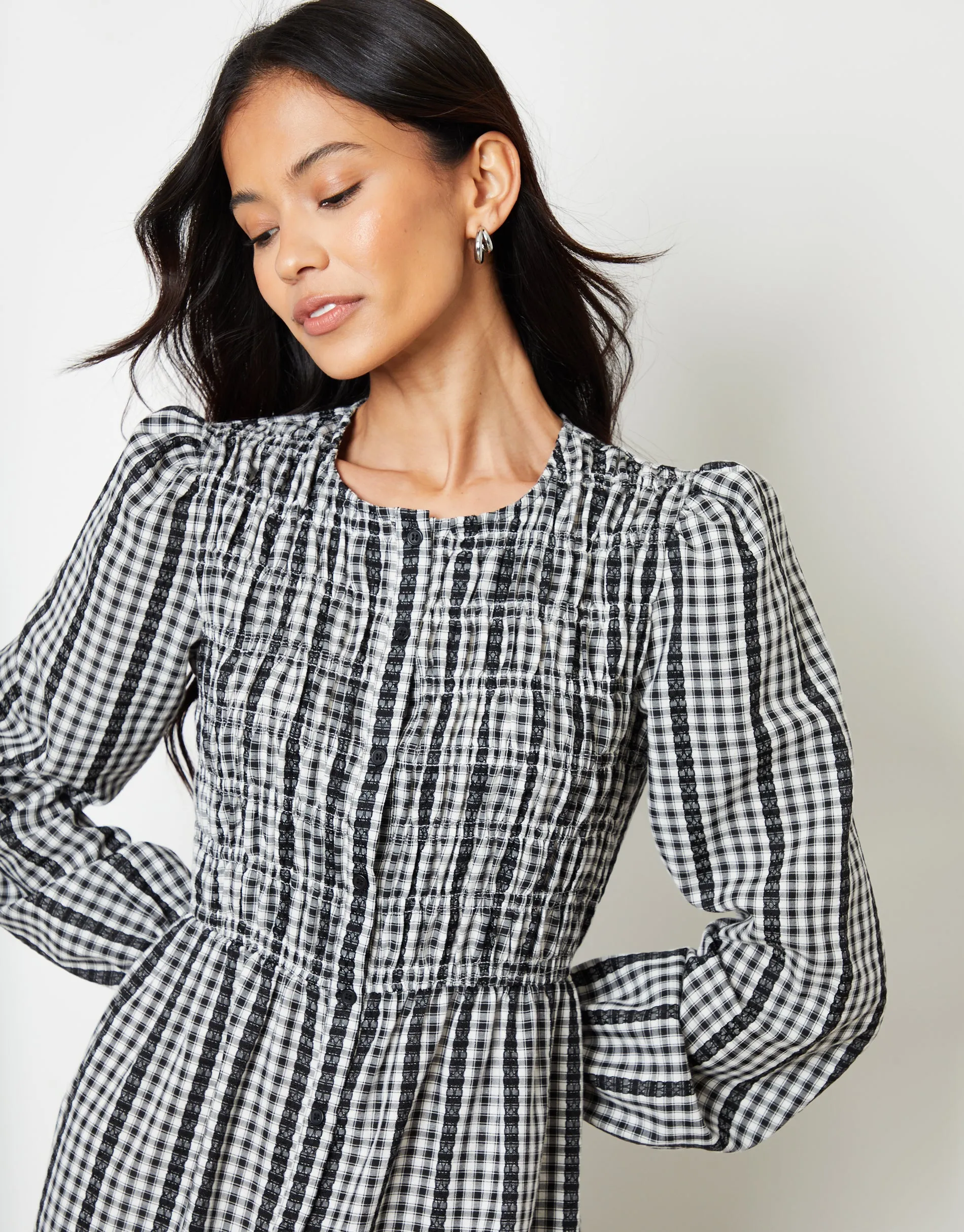 Mono Gingham Check Shirred Detail Midi Dress sold by Threadbare product image thumbnail 2