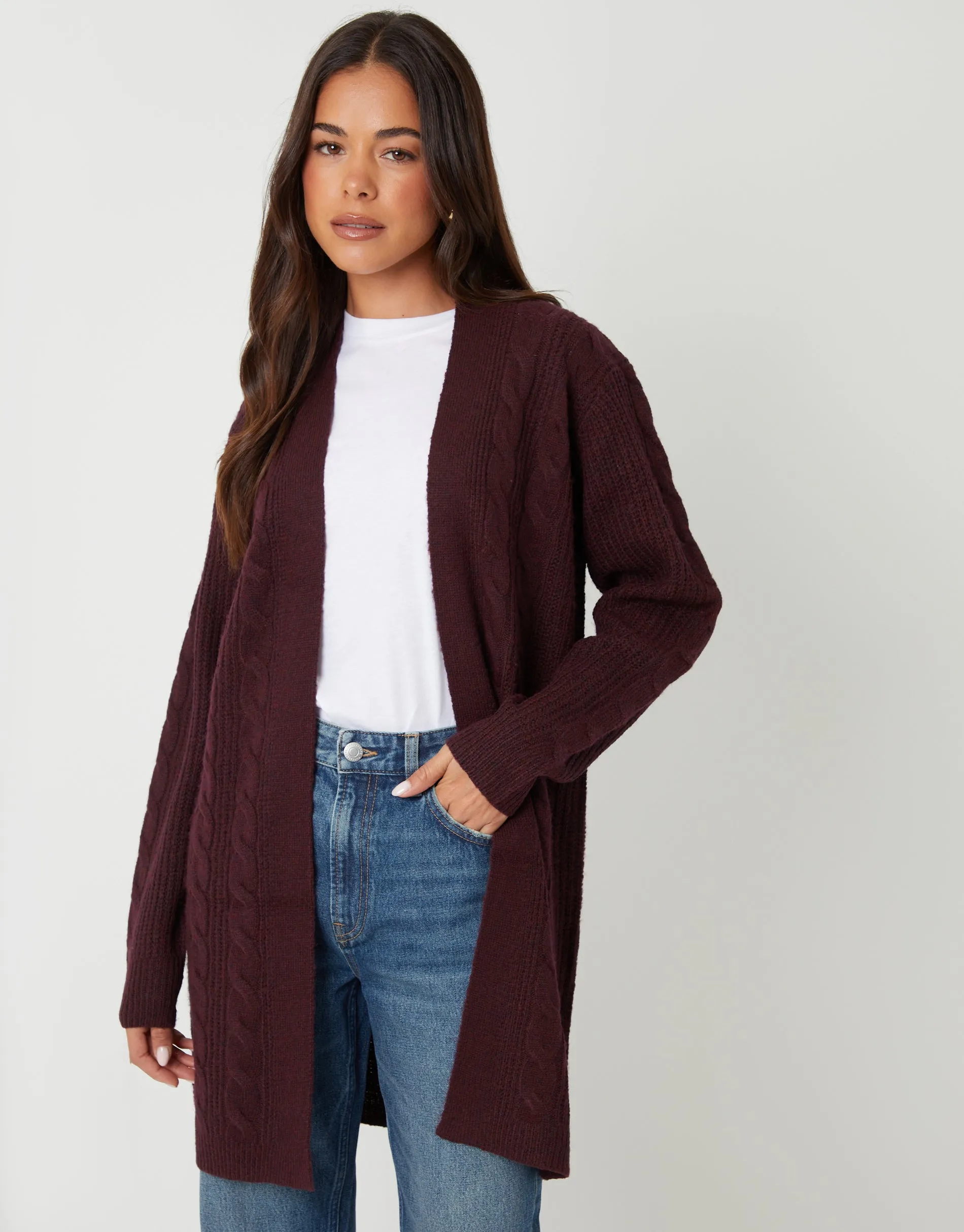 Berry Red Cable Knit Cardigan sold by Threadbare product image thumbnail 2