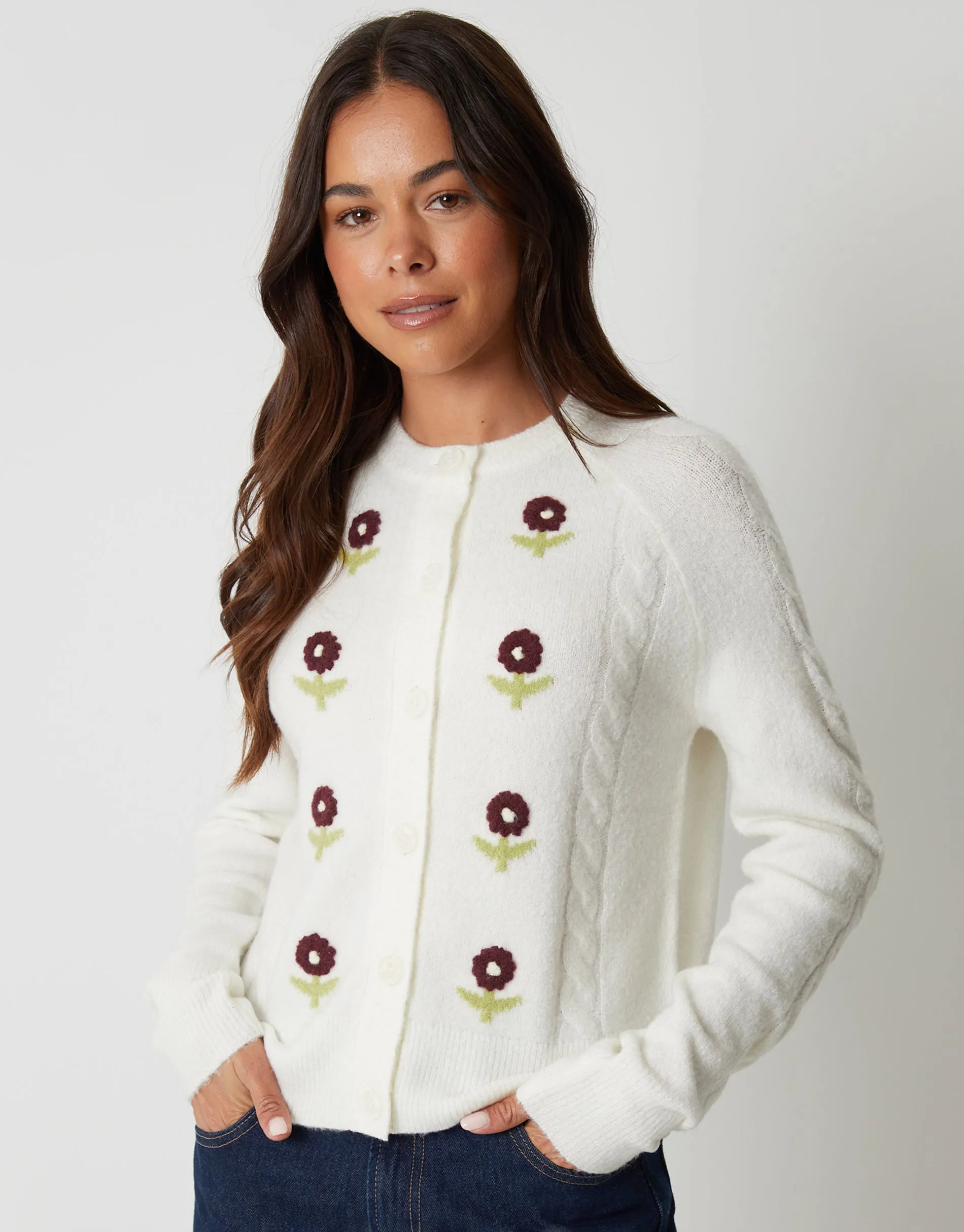 Ecru Knitted Floral Embroidery Cardigan sold by Threadbare