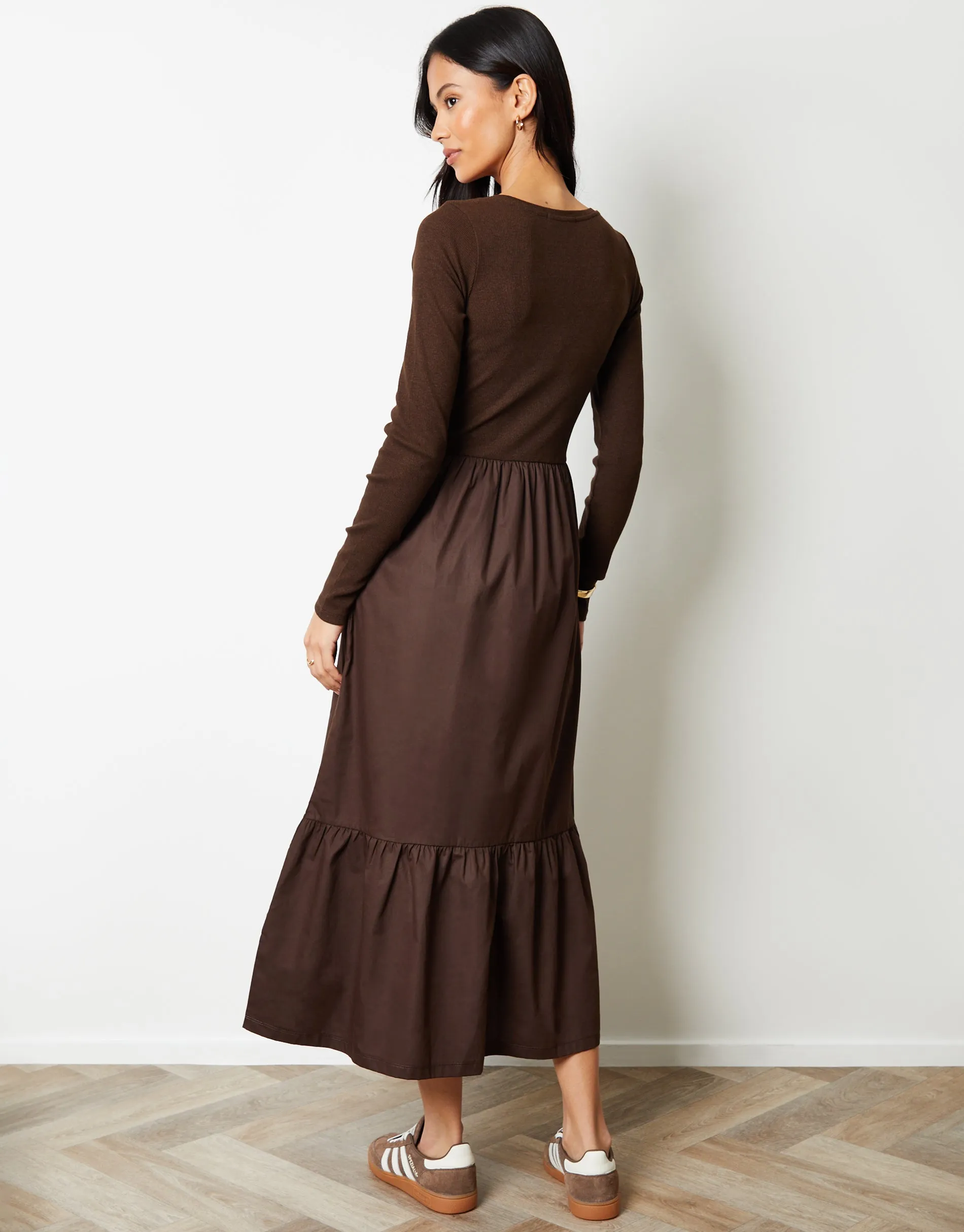 Chocolate Brown 2-in-1 Jersey Poplin Mix Scoop Neck Long Sleeve Dress sold by Threadbare product image thumbnail 2