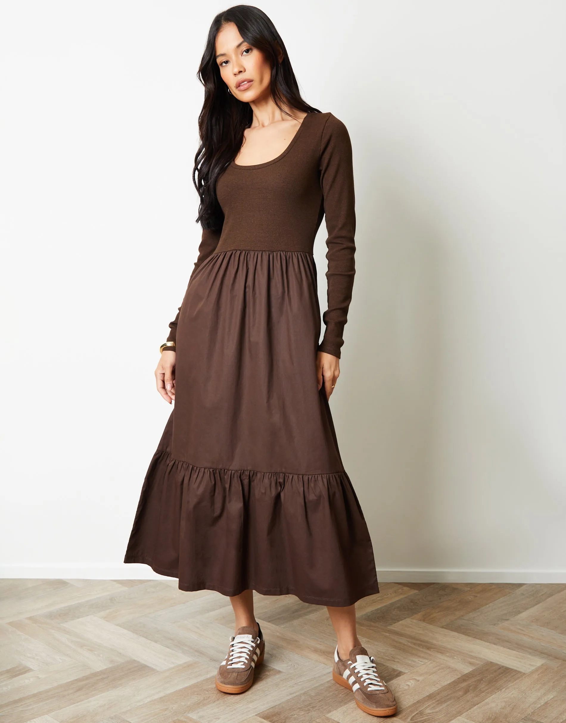 Chocolate Brown 2-in-1 Jersey Poplin Mix Scoop Neck Long Sleeve Dress sold by Threadbare product image thumbnail 3
