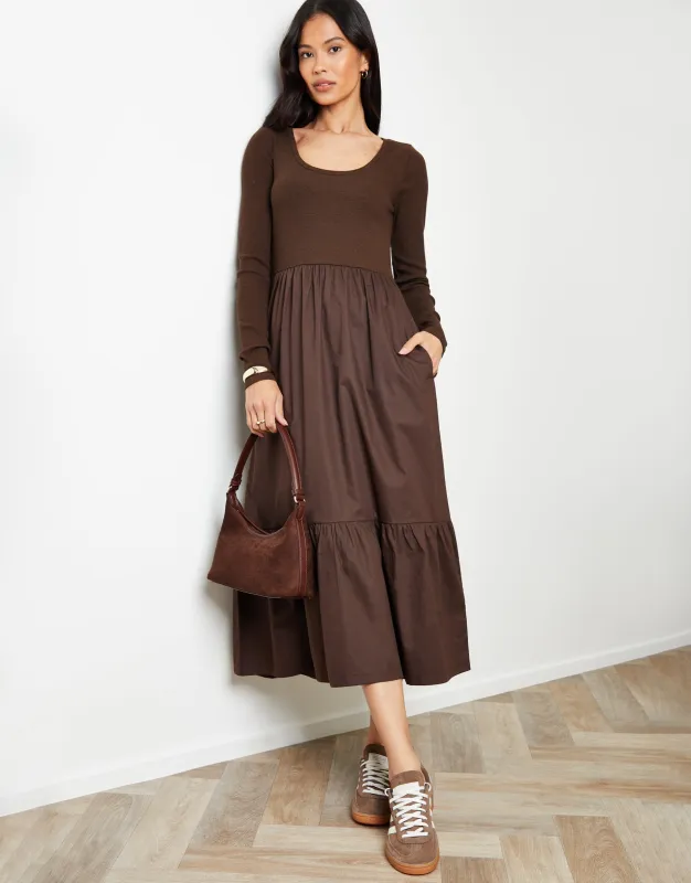 Chocolate Brown 2-in-1 Jersey Poplin Mix Scoop Neck Long Sleeve Dress sold by Threadbare