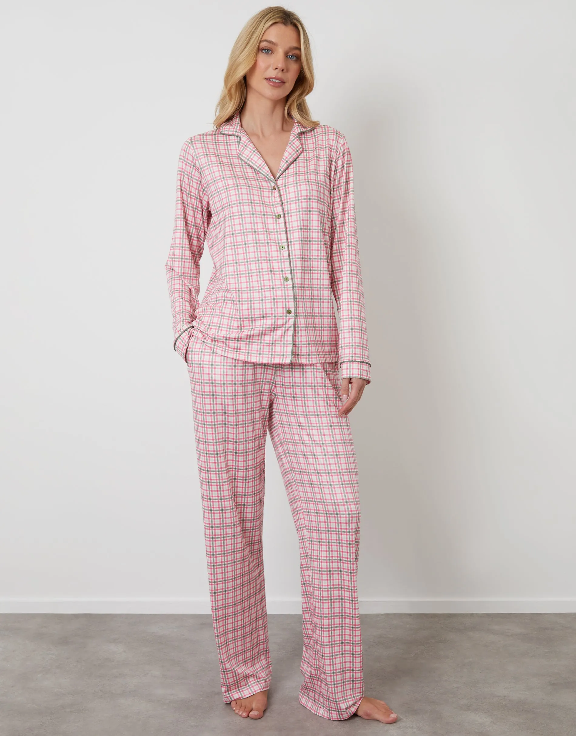Pink Check Long Button-Through Pyjamas (2-Piece Set) sold by Threadbare product image thumbnail 3