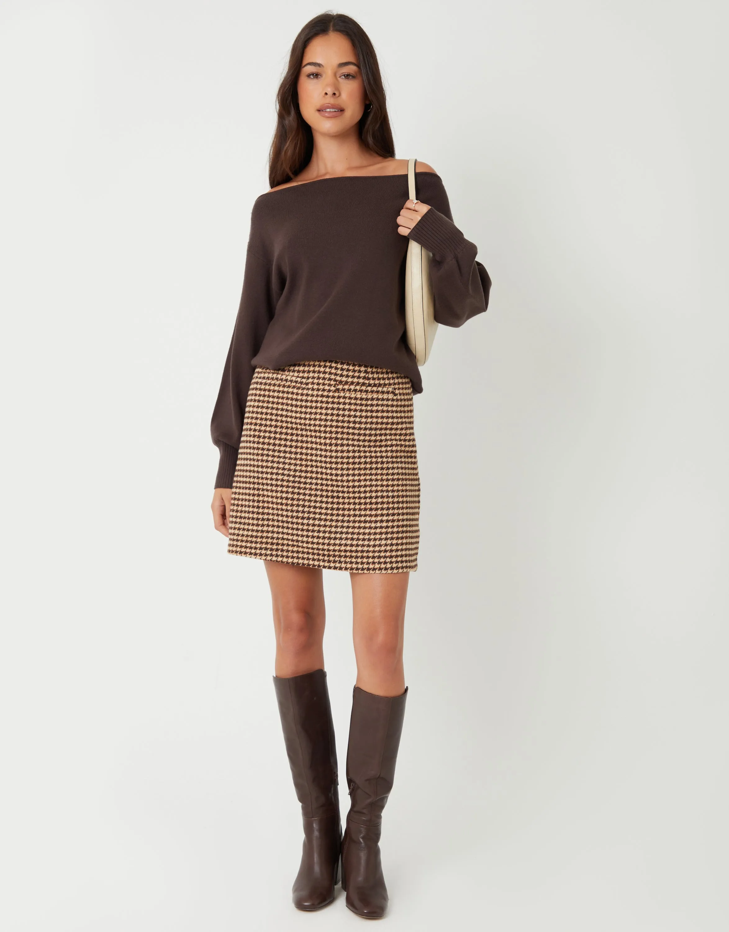 Tan Brown Houndstooth Check A-Line Mini Skirt sold by Threadbare product image thumbnail 4