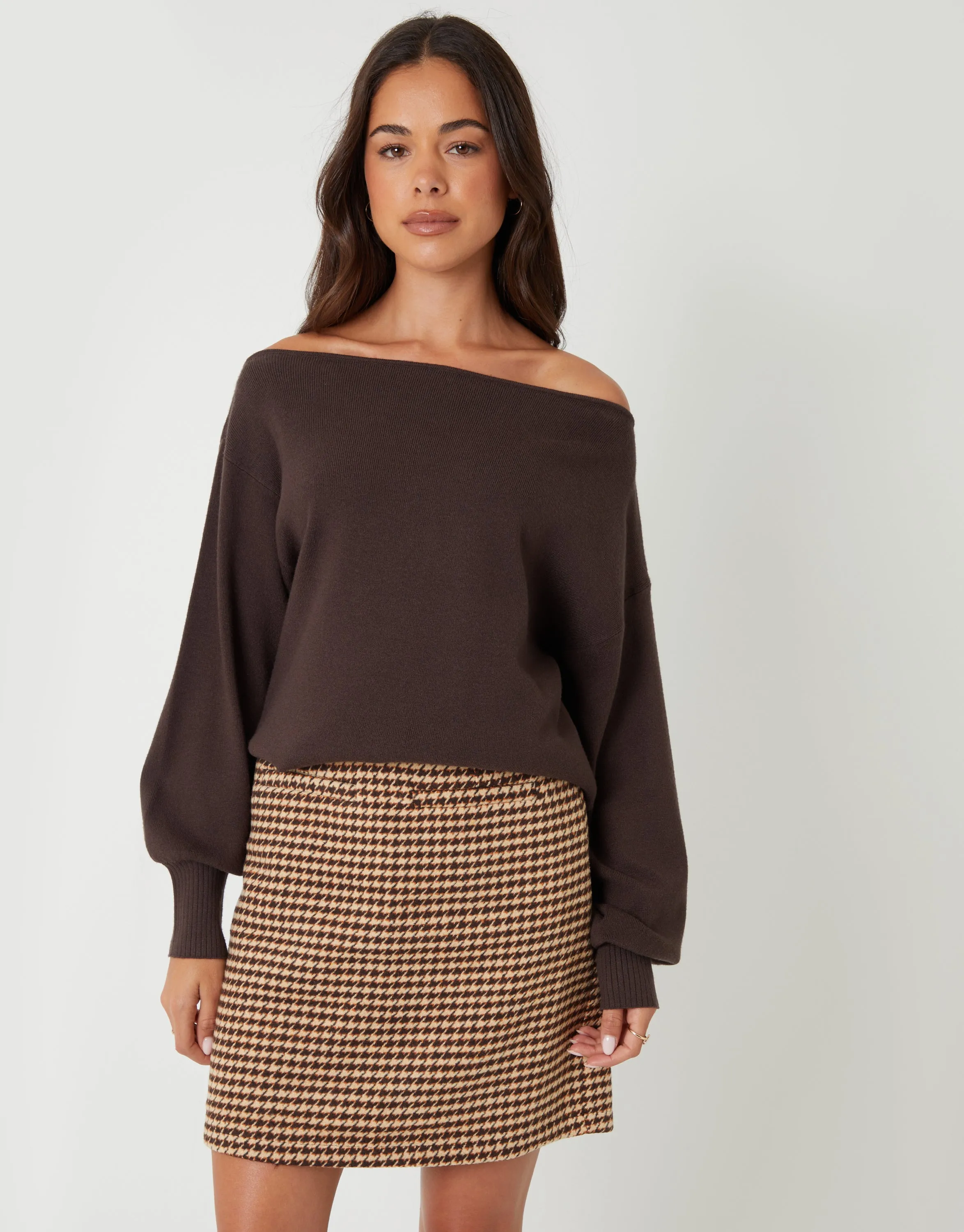 Tan Brown Houndstooth Check A-Line Mini Skirt sold by Threadbare product image thumbnail 2