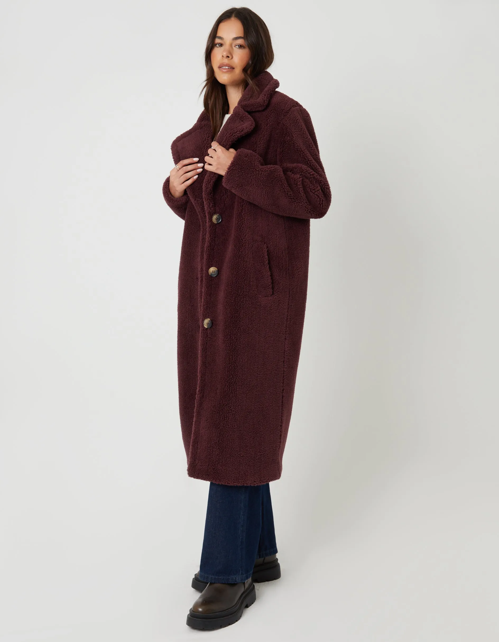 Berry Red Longline Borg Teddy Coat sold by Threadbare product image thumbnail 5